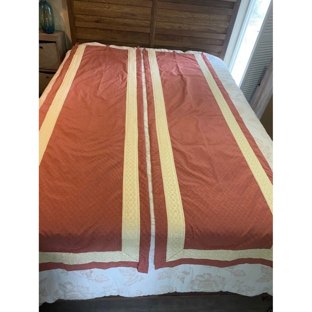 Pair of Lee Jofa Red Embroidered Tab Top Curtain Panels Lined Decorative Trim
